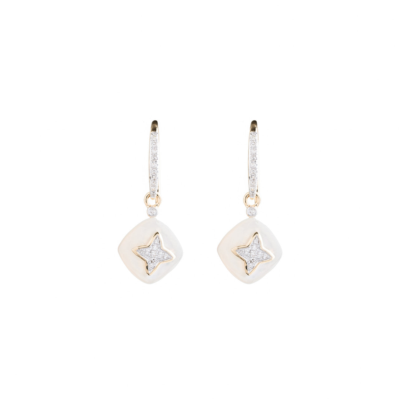 18K Yellow Gold White Shell Star Diamond Earrings