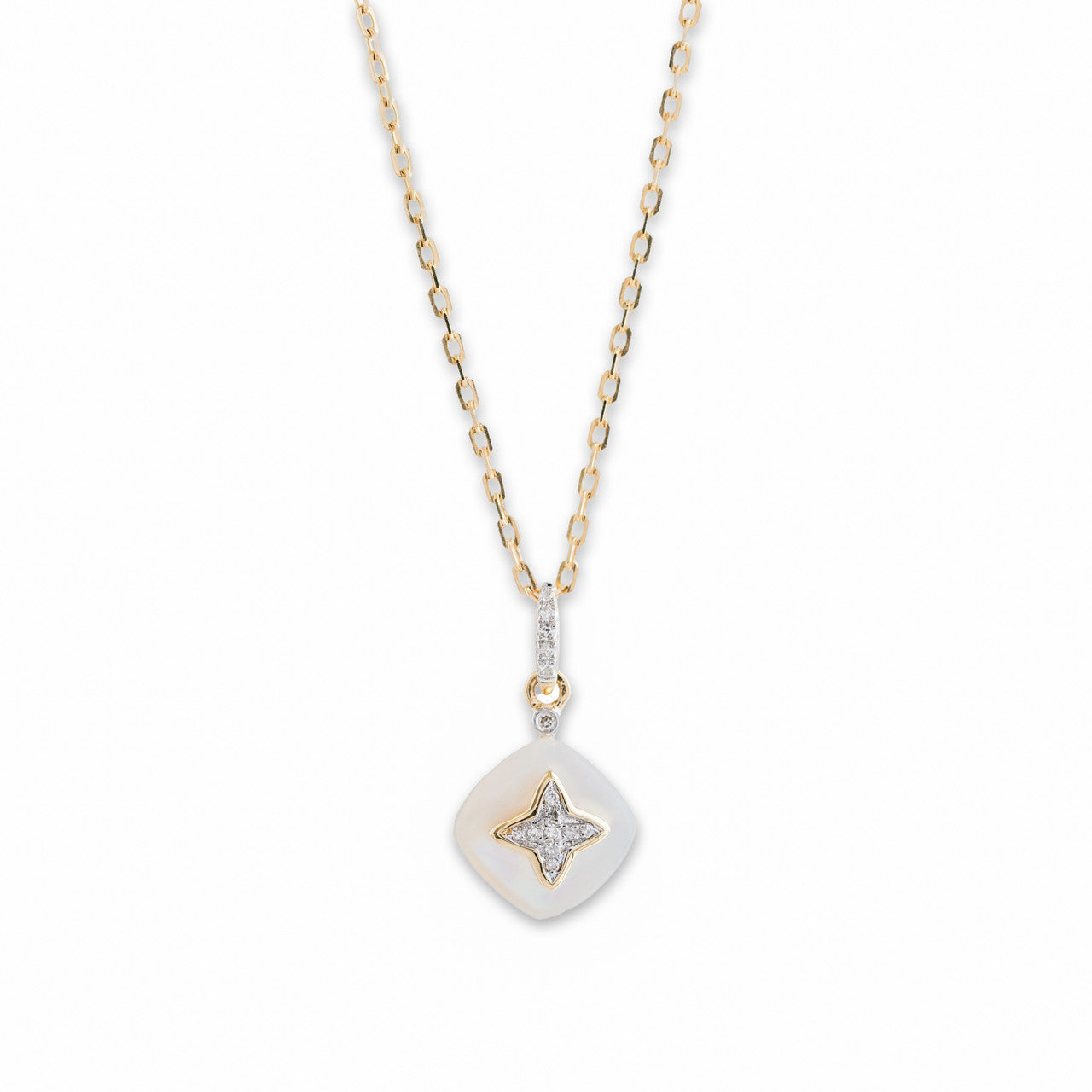 18K Yellow Gold White Shell Star Diamond Pendant Necklace