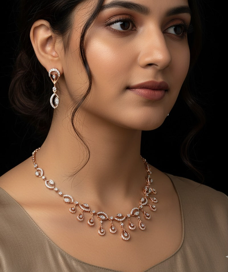 Woman wearing rose gold diamond necklace set — party wear and gifting jewelry in Dubai, UAE