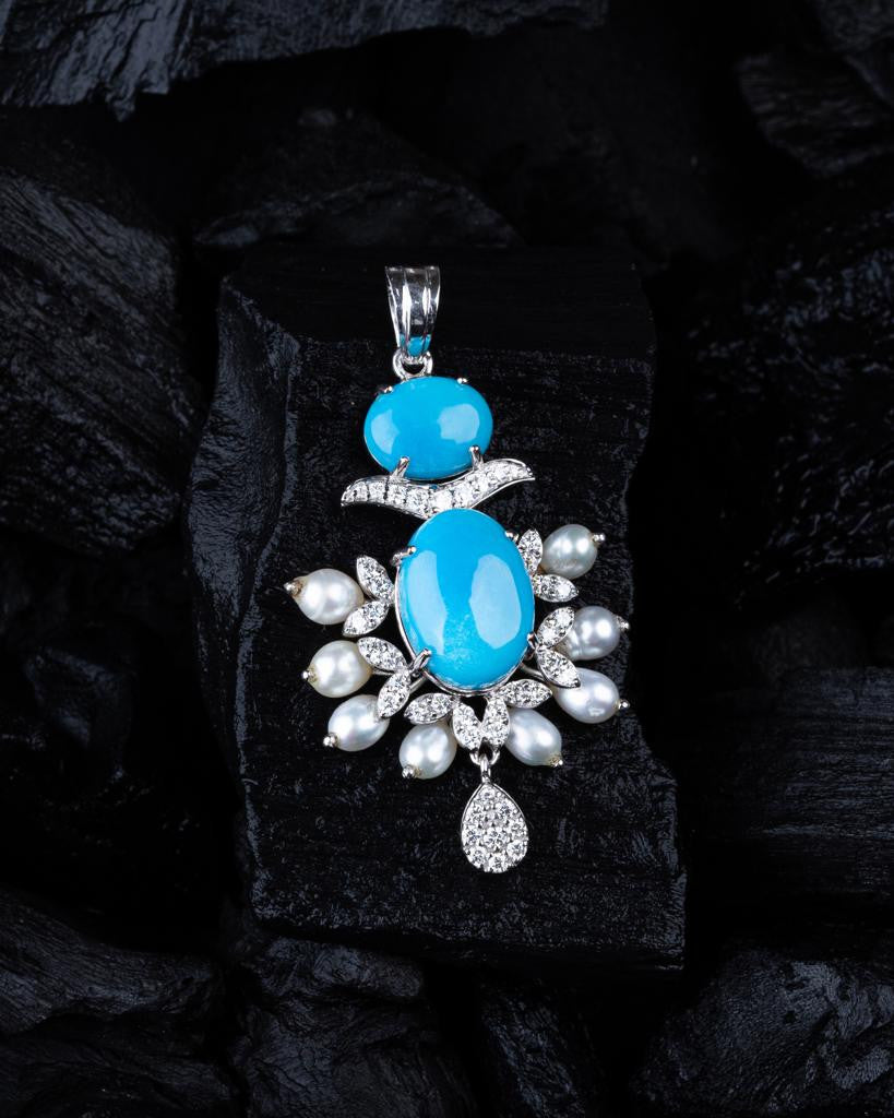 18K White Gold Diamond Earring with Feroza and Fresh water Pearls