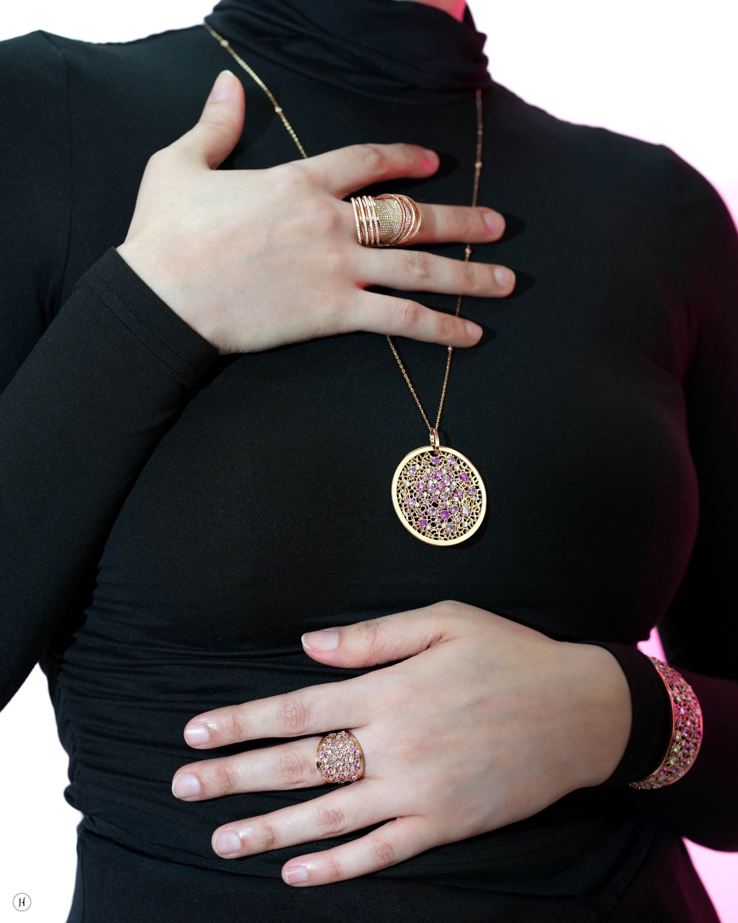 18Karat Rose Gold Italian Pink Sapphire Blossom Mosaic Necklace Set for Ladies | Luxury gold Italian cocktail jewellery in Dubai and Sharjah.