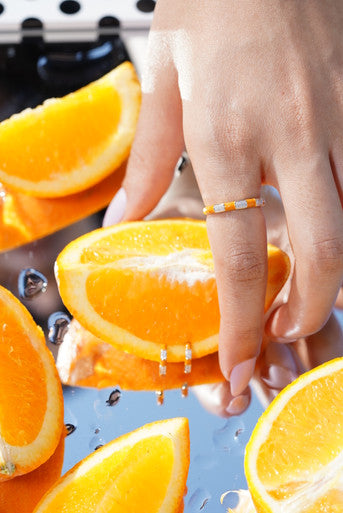 18K Yellow Gold Orange Enamel Diamond Earrings Ring Set