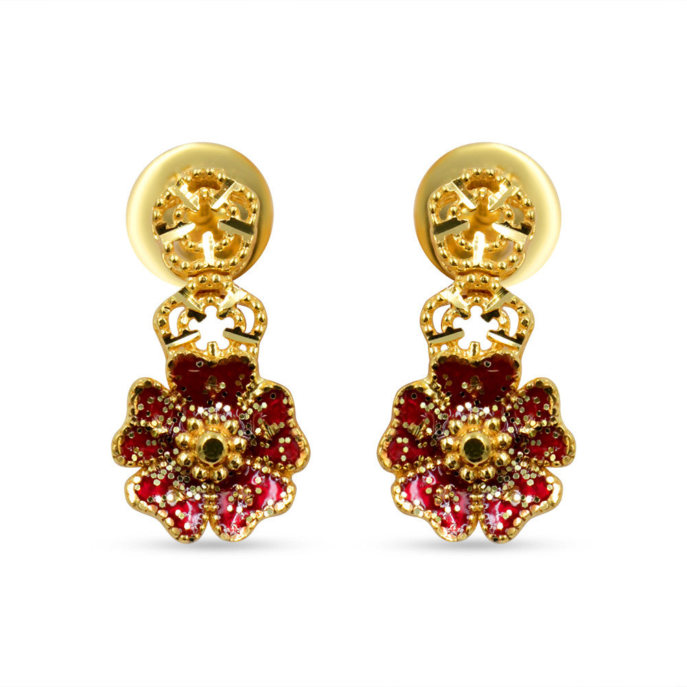 21K yellow gold drop earrings with flower motif and Meena work