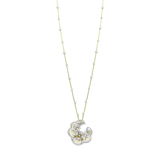 Matinee length 18K yellow gold Italian pearl flower pendant necklace