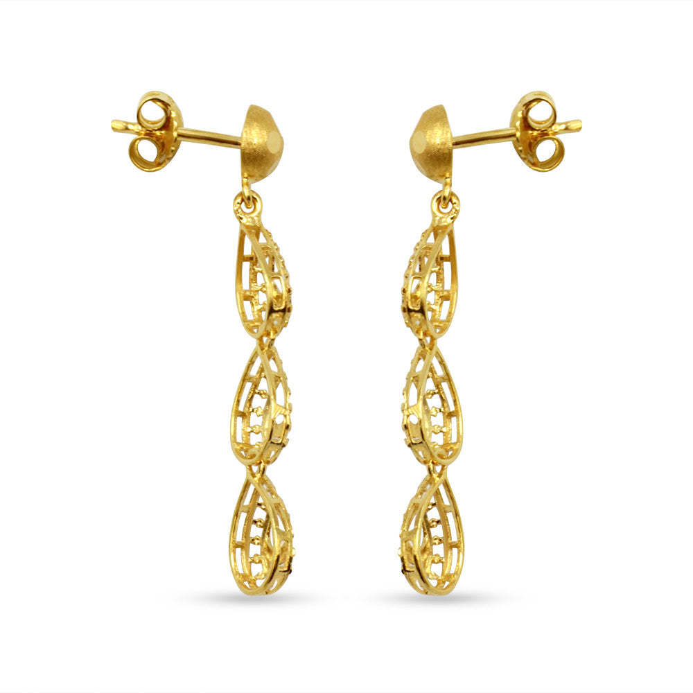 Side profile of 21K yellow gold Saudi 3 tier drop push back earrings