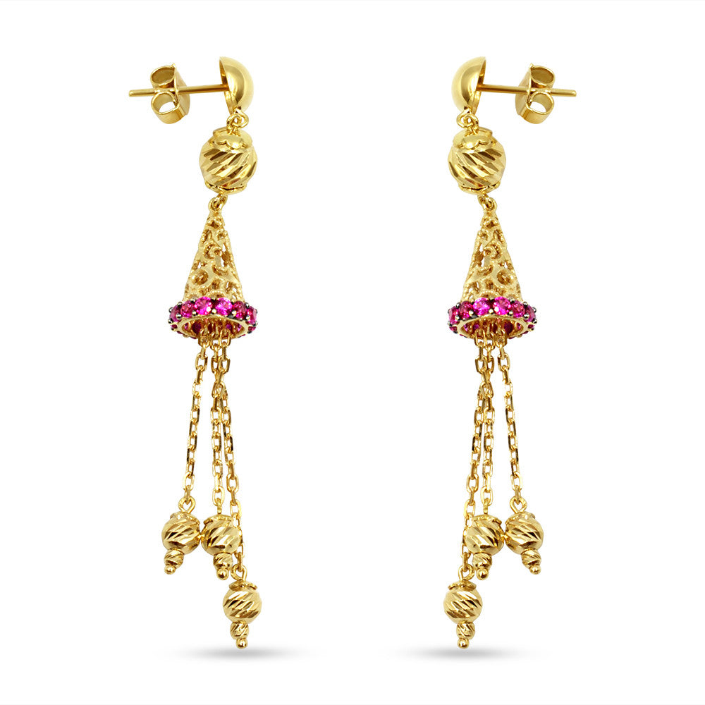 Side profile of 18K yellow gold Arabic Cone Pink Gemstone drop earrings