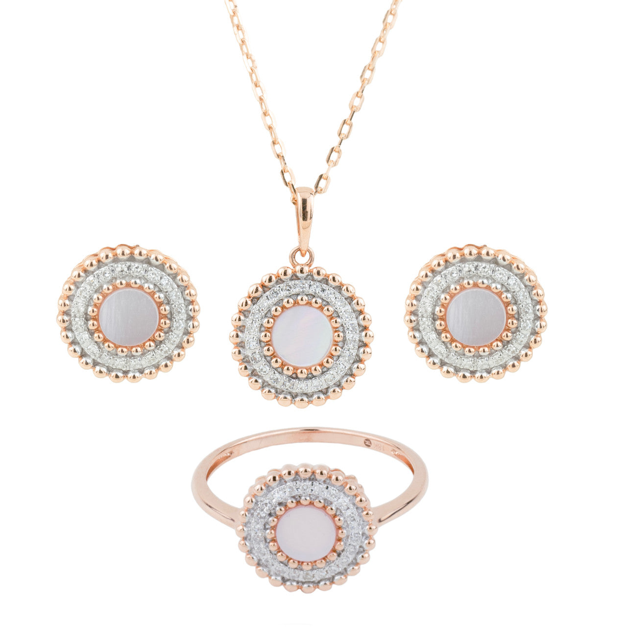 18K Rose Gold Mother of Pearl Diamond Pendant Set for Women Set In