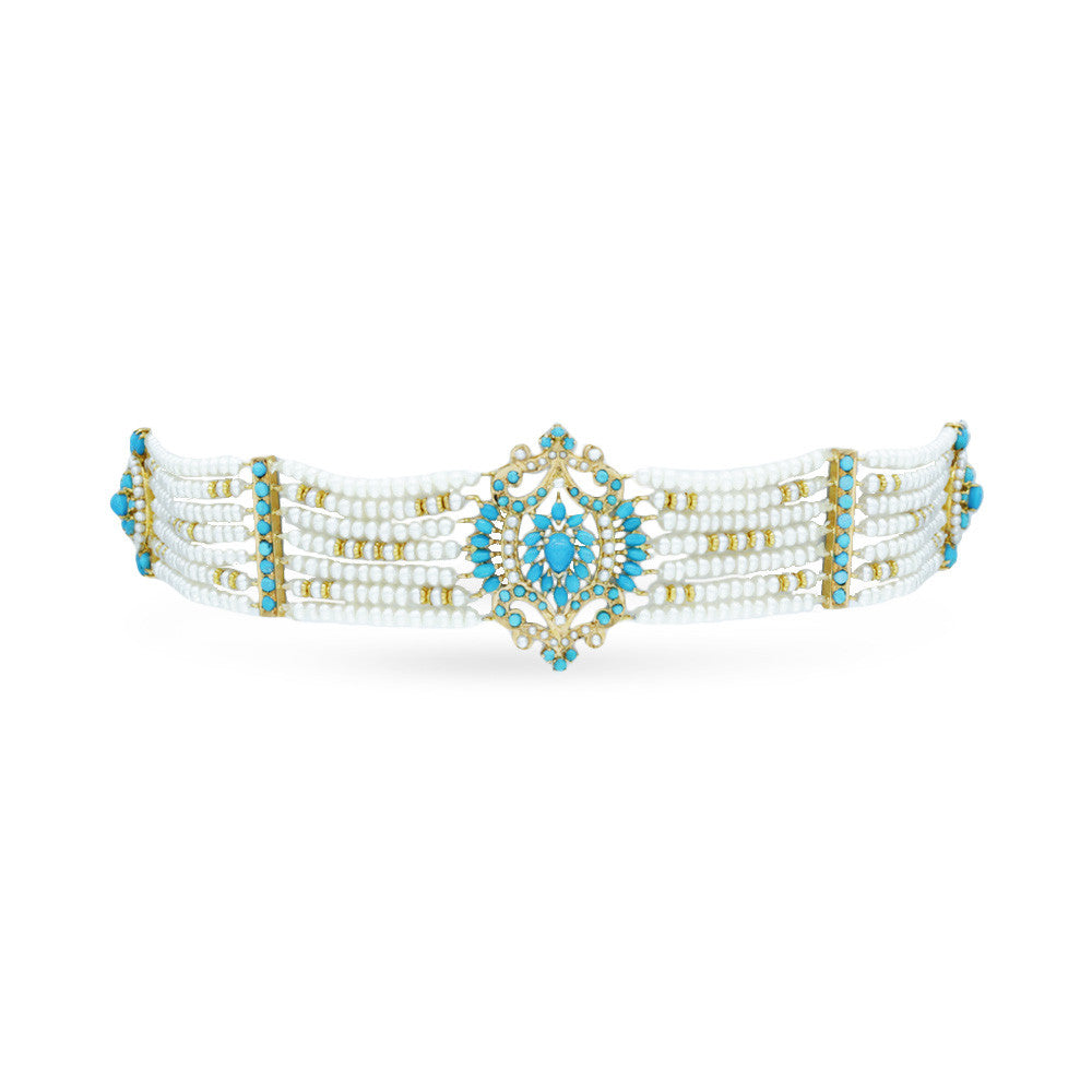 Choker length 21K Yellow Gold Bahraini Turquoise Pearl Necklace