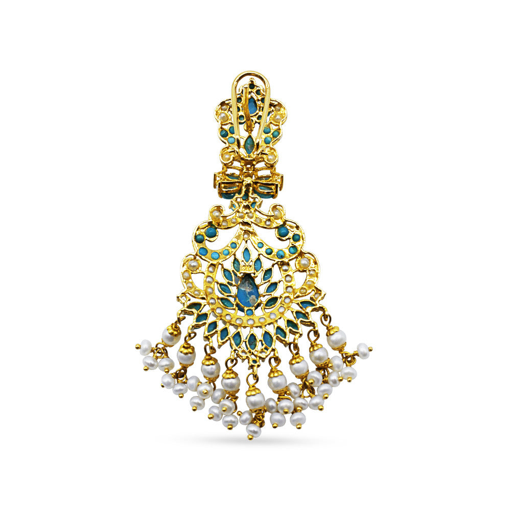 21K Yellow Gold Bahraini Turqouise Pearl french clip chandelier earrings