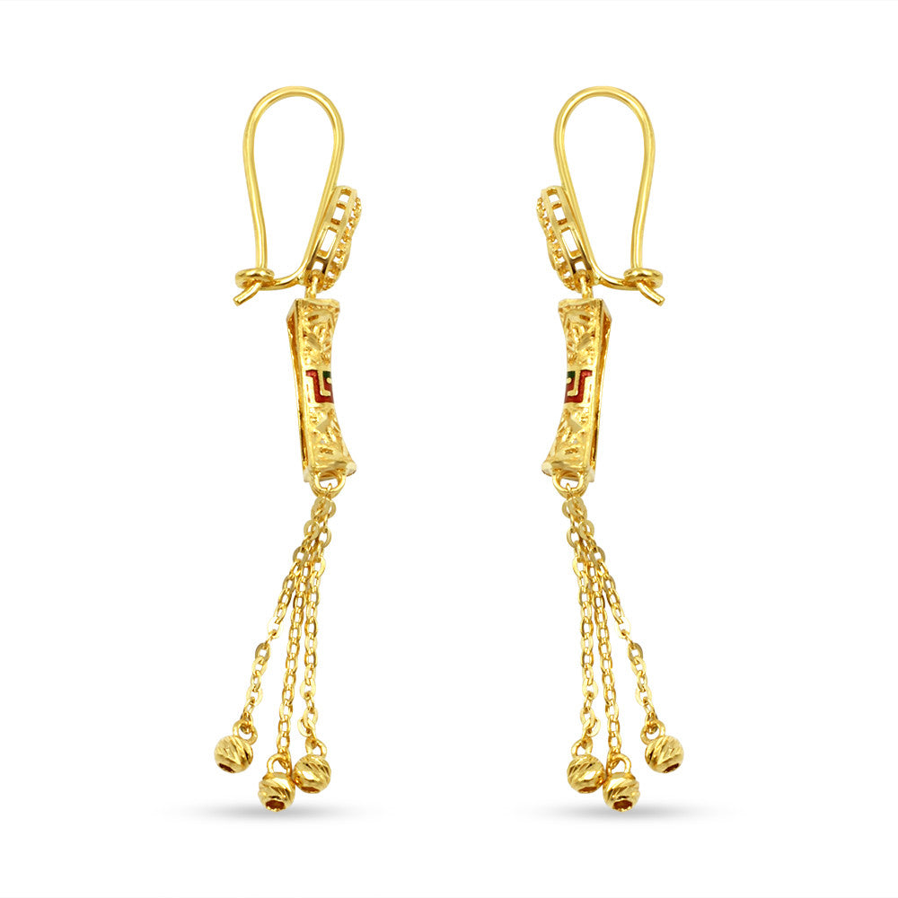 Side profile of 21K yellow gold Saudi Bow Meenakari kidney back drop earrings