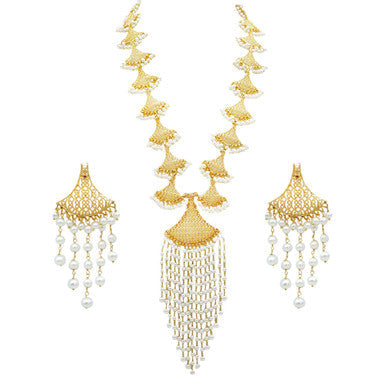 21K Yellow Gold Tiered Bahraini Pearl Waterfall Duo Necklace Set