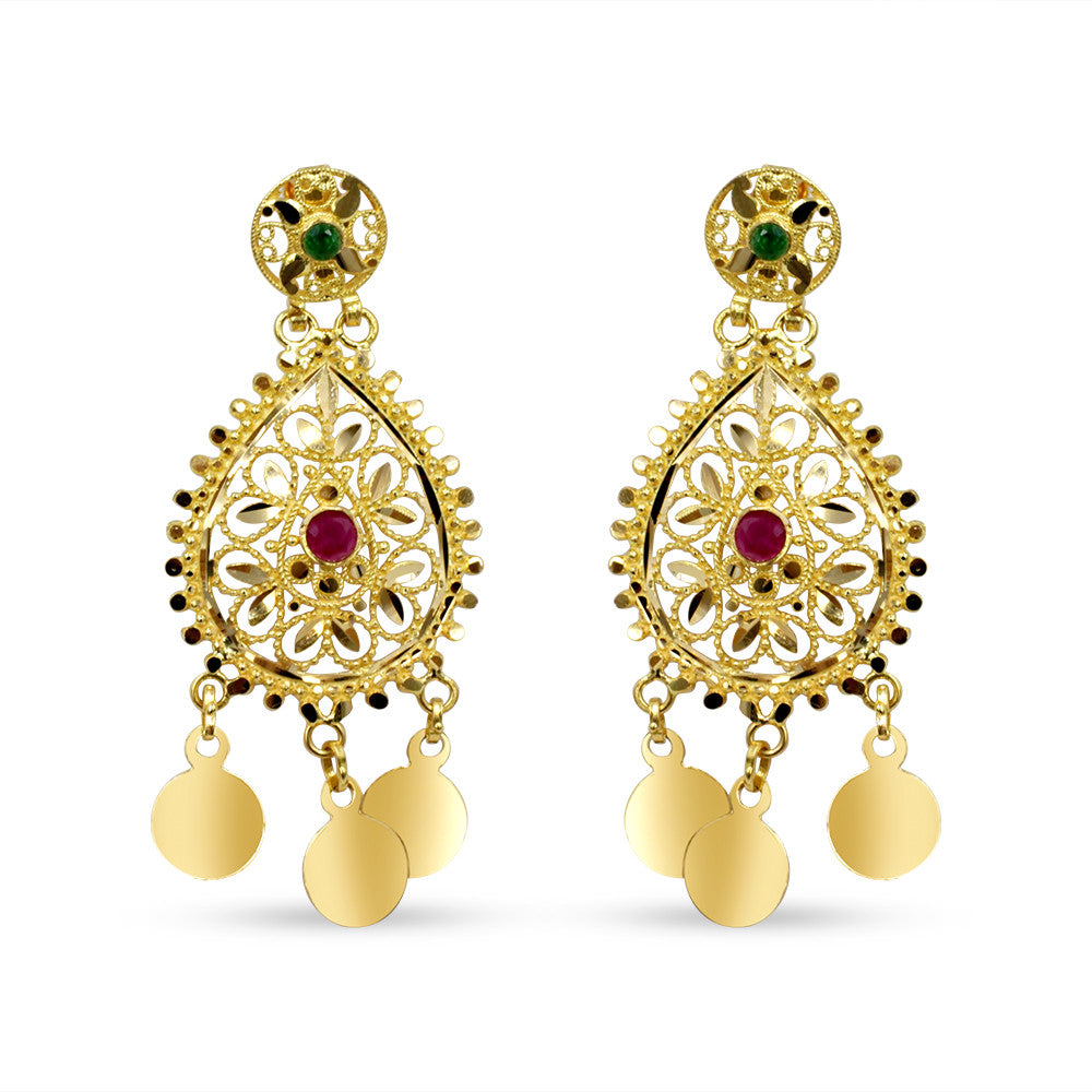 21K yellow gold Saudi gemstone push back chandelier earrings