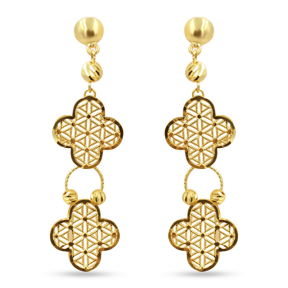 21K yellow gold dangly earrings with two 4 clover leaf motifs