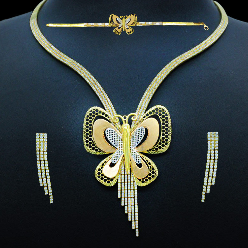 18K Yellow Gold Italian Butterfly Princess Zircon Necklace Set