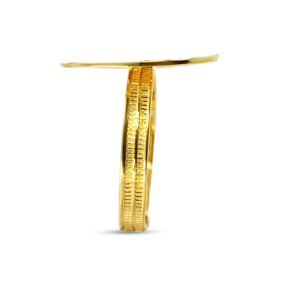 Side profile of 21K yellow gold ring with Turkish coin motif