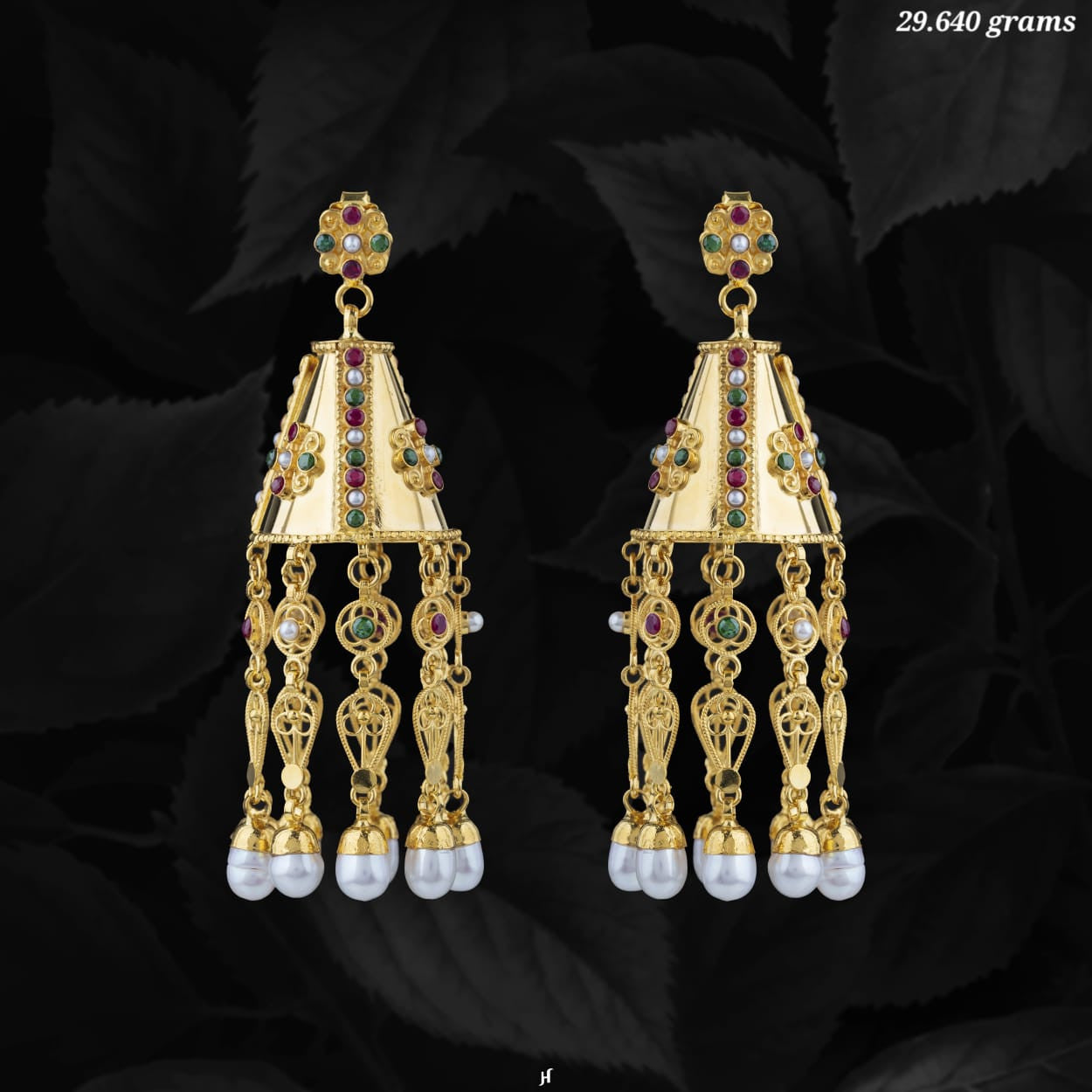 21K Yellow Gold Bahraini Multi Colored Stones and Pearls Chandelier Earrings