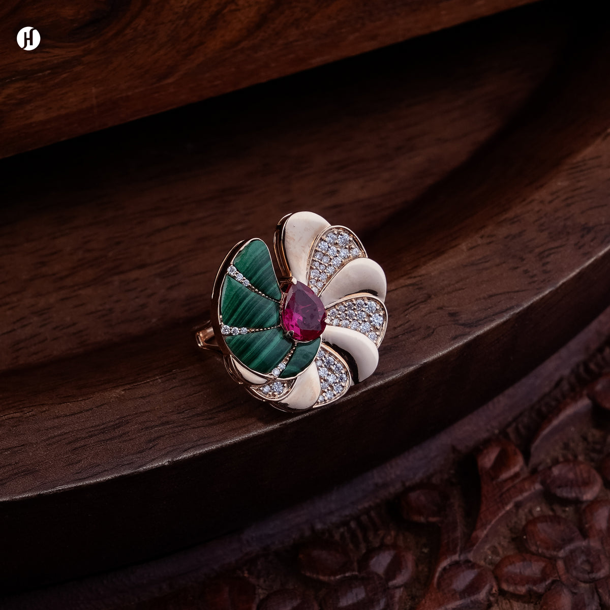 18K Rose Gold Italian Malachite, Mother of Pearl & Ruby Flower Necklace Set