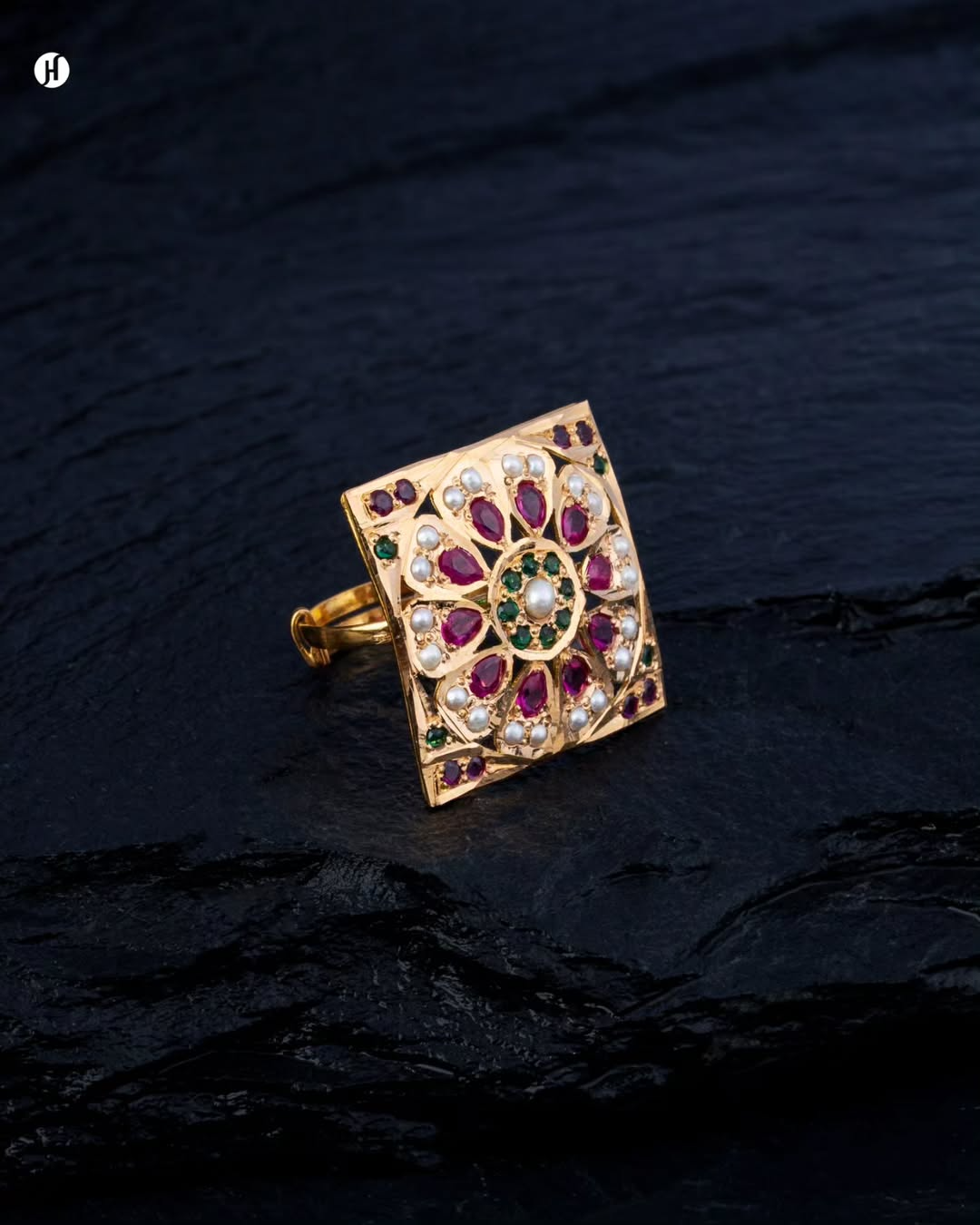 21K Yellow Gold Pakistani Floral Ruby Pearl Layered Necklace Set