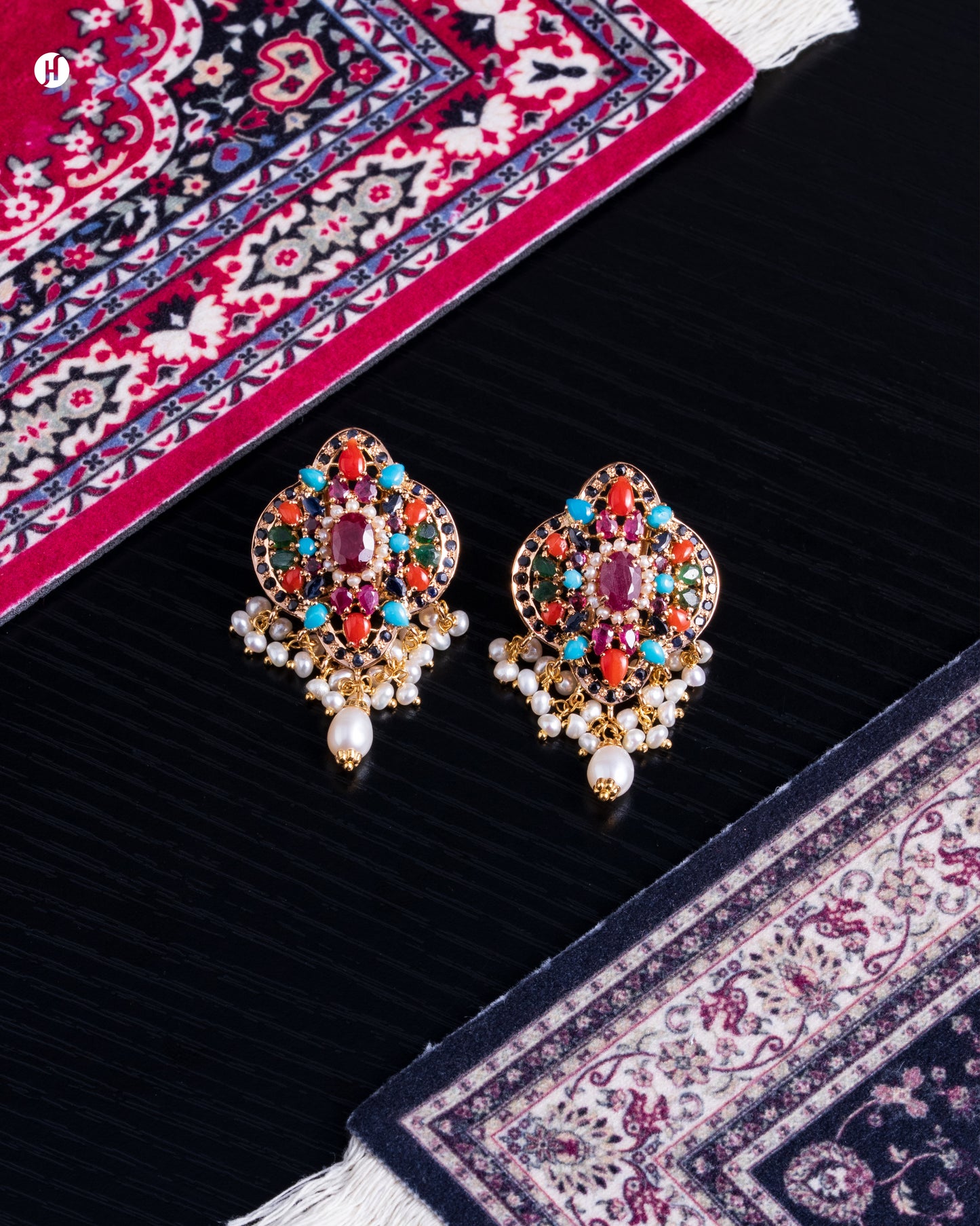 21k Yellow Gold Pakistani Majestic Pearl & Gemstone Princess Necklace Set