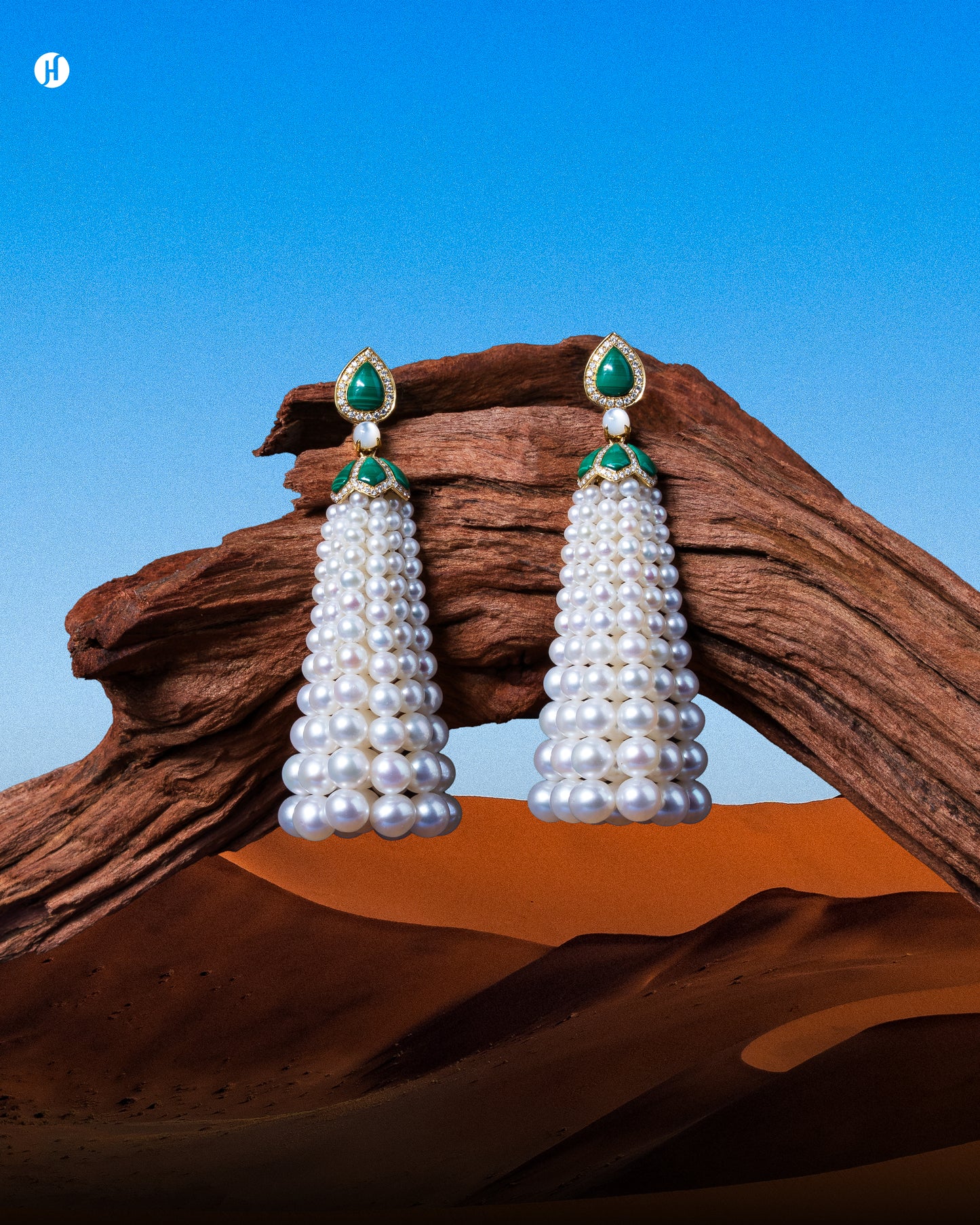 18K Yellow Gold Waterfall Pearl-Malachite Diamond Necklace Set