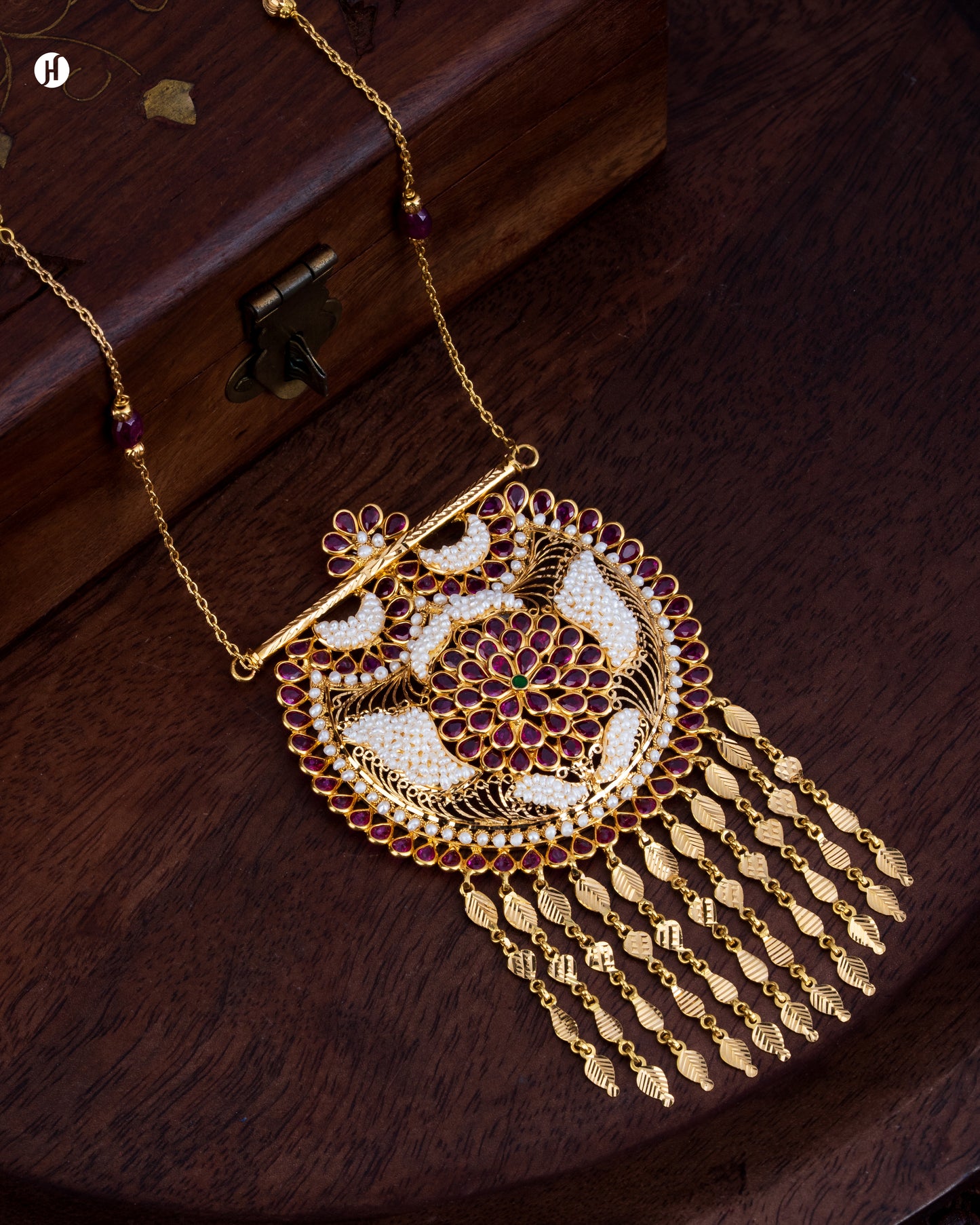 21K Yellow Gold Bahraini Floral Ruby and Freshwater Pearl Long Necklace