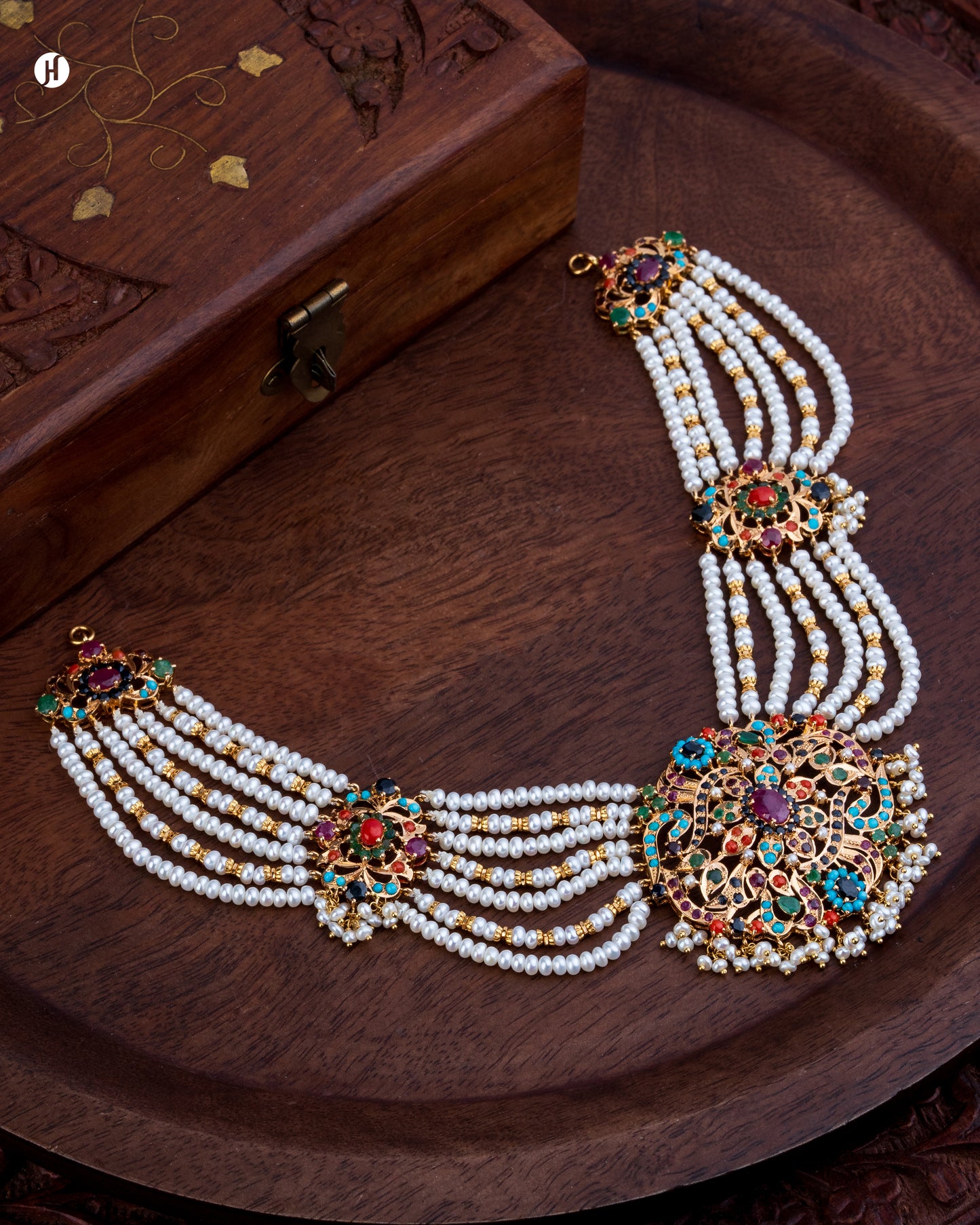 21K Yellow Gold Pakistani Majestic-Pearl Gemstone Bridal Necklace Set