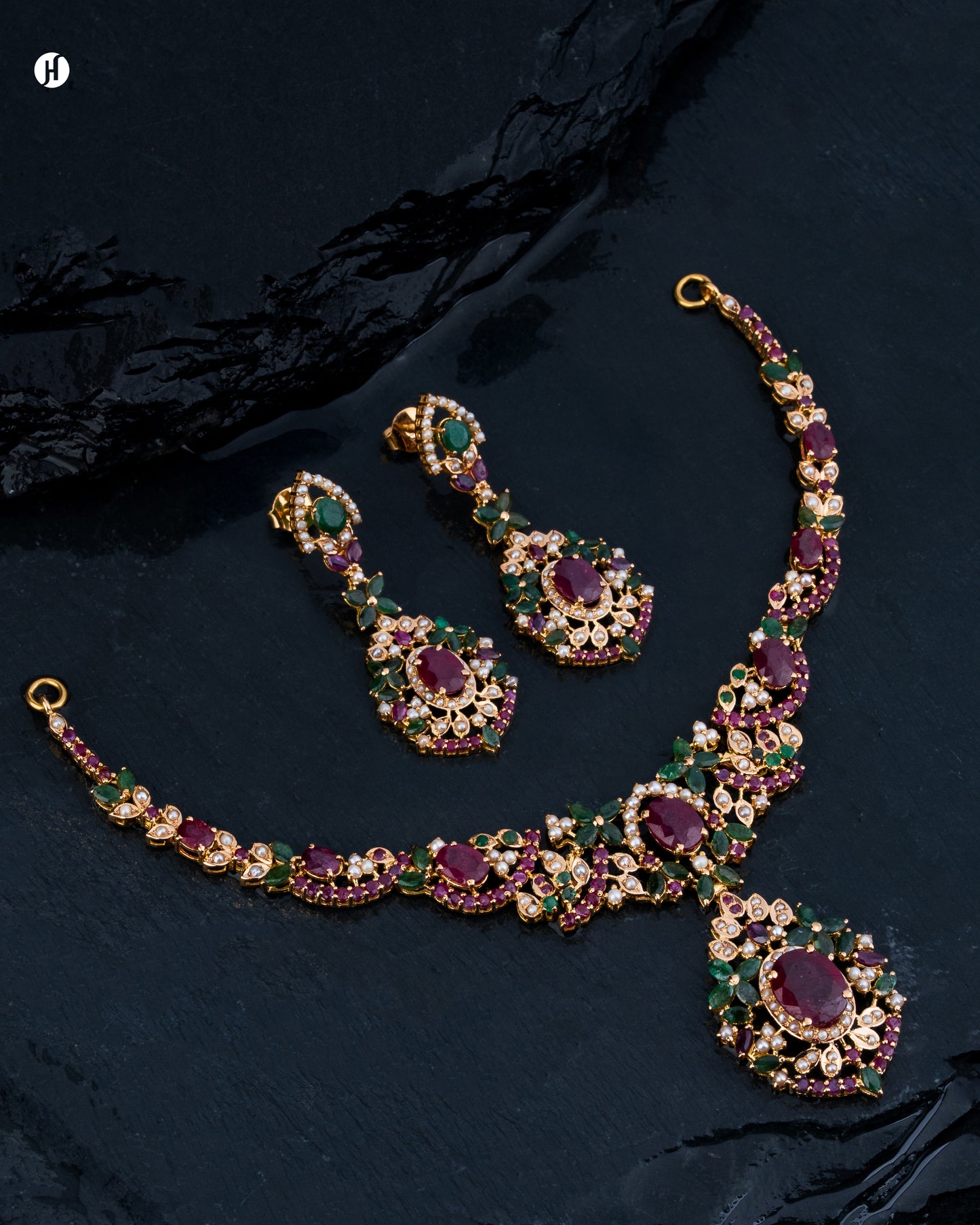 21K Yellow Gold Pakistani Ruby & Emerald Floral Teardrop Necklace Set
