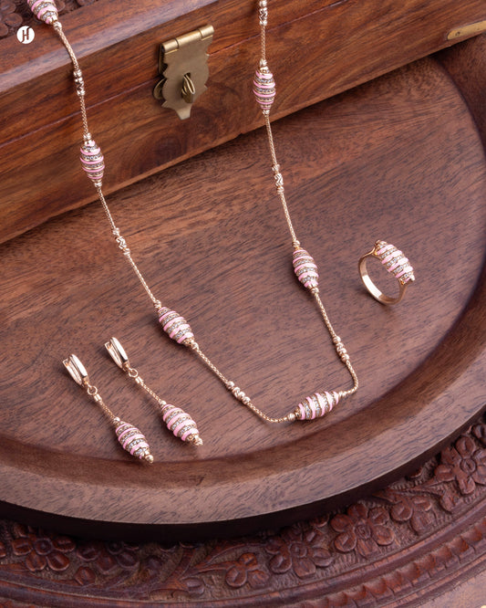 18Karat Rose Gold Italian Barrel-Pink Enamel Necklace Set