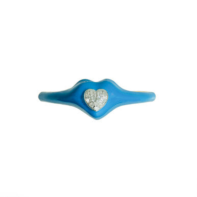 18K Yellow Gold Blue Enamel Diamond Heart Ring