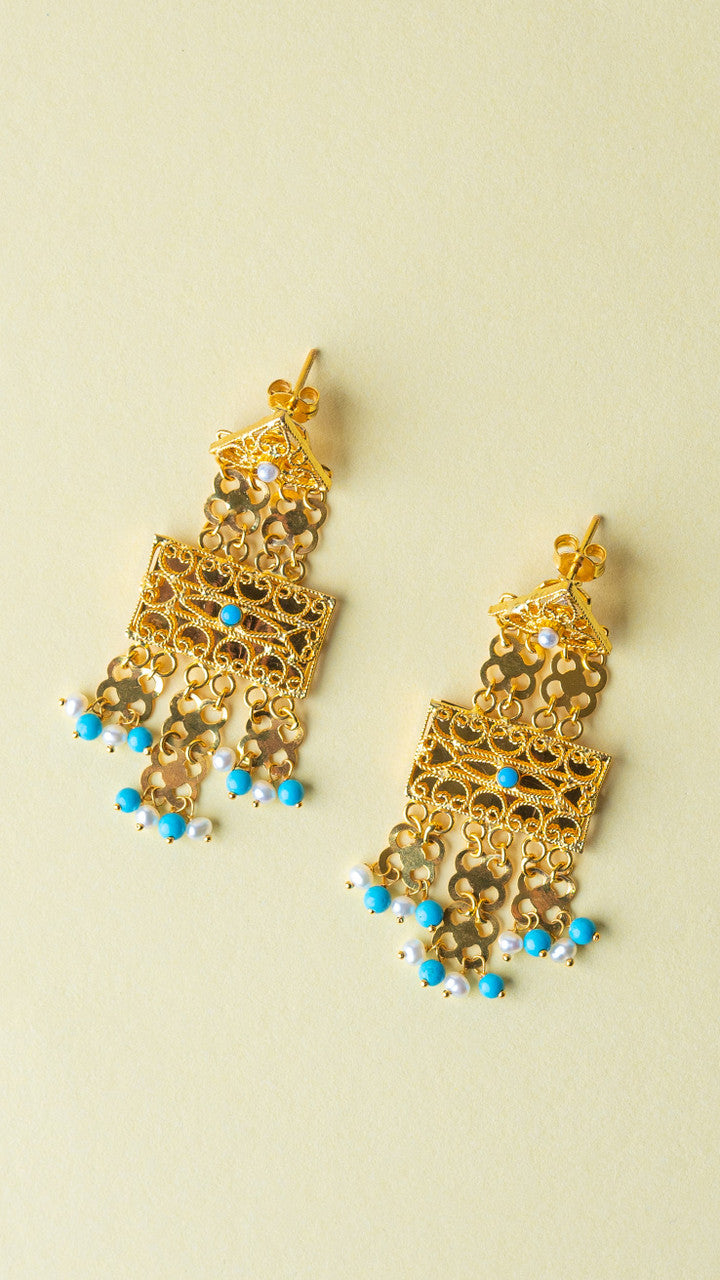 21K Yellow Gold Bahraini Geometric Turquoise Chandelier Pushback Earrings