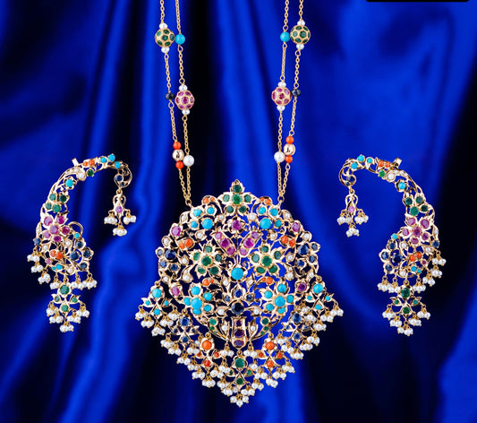 21K Yellow Gold Pakistani Hanging Multicoloured Necklace Set