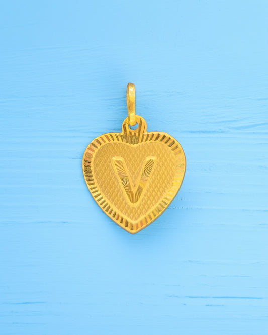 18K Yellow Gold Letter - V Heart Pendant