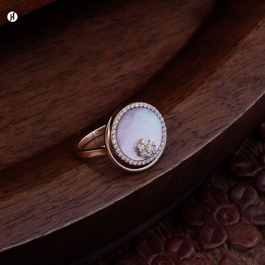 18-Karat Rose Gold Italian Mother of Pearl & Zircon Round Ring for Her