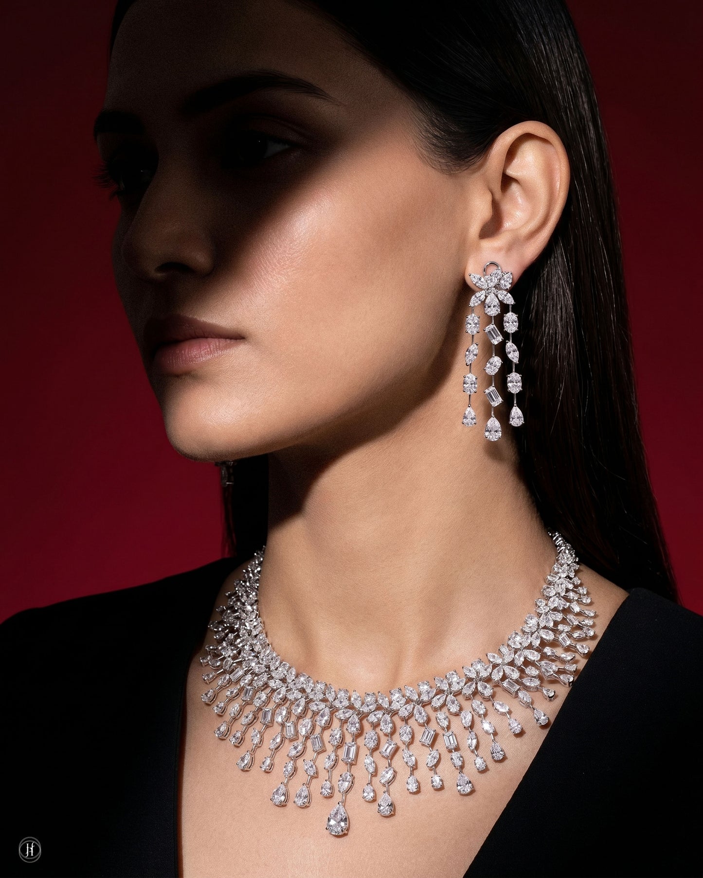 18-Karat White Gold Lab-Grown Italian Diamond Waterfall Princess Necklace Set | jewelry design is perfect for weddings, galas, and special occasions, making a bold and luminous statement for Khaleeji, Emirati, and international women.