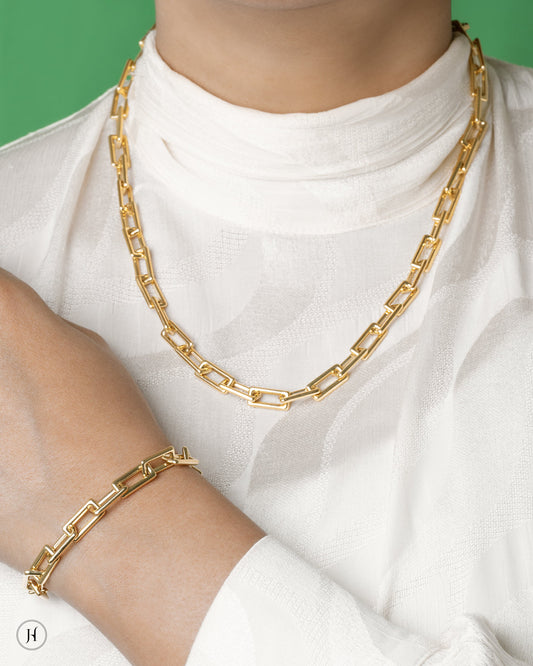 18K Yellow Gold Italian Paper Link Chain and Bracelet Set with Lobster lock