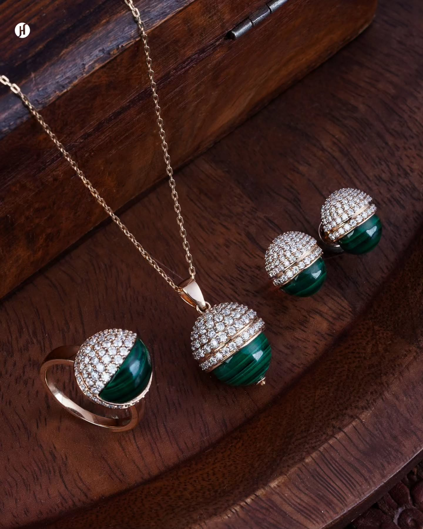 18-Karat Italian Rose Gold Malachite & Moissanite Celeste Pendant Set |  perfect for parties, festivals, and special occasions, making a luxurious statement for Khaleeji and Emirati women.