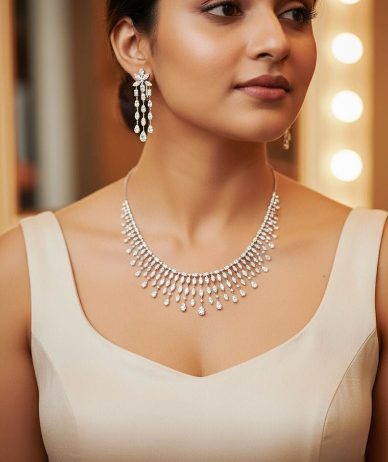 18K White Gold Diamond Fringe Waterfall Necklace Set for Wedding | Emirati Bridal Jewellery for Ladies.