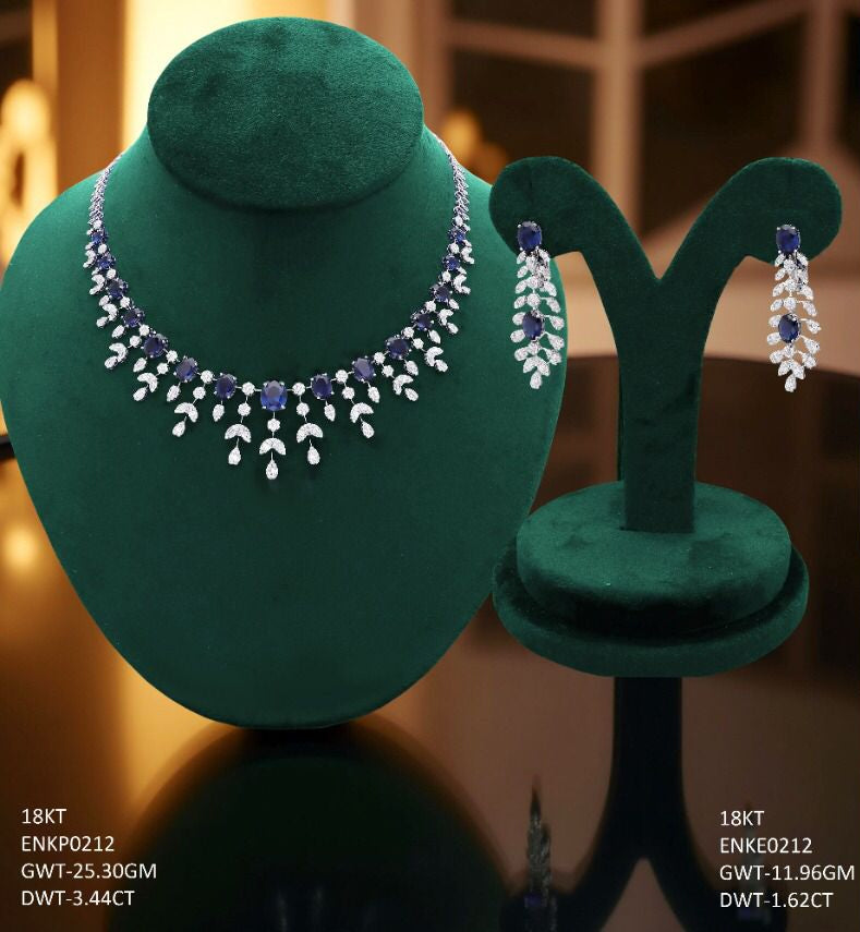 18K White Gold  Diamond Leaf-drop Princess Necklace Set