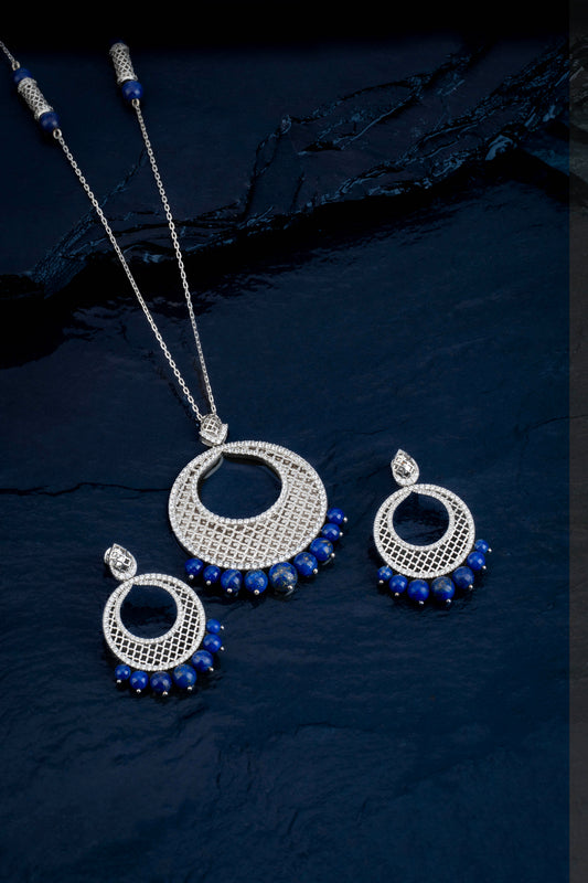 18K White Gold Italian Bead Crescent Hoop Necklace Set