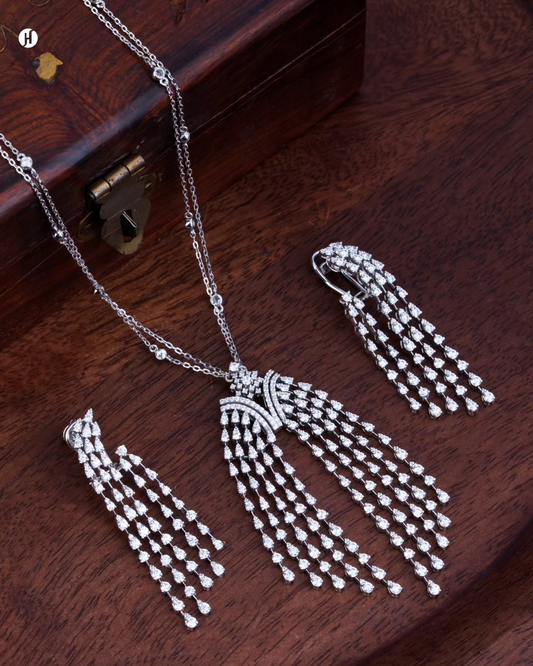 18K White Gold Italian Zircon Tassel Drop Pendant Necklace Set