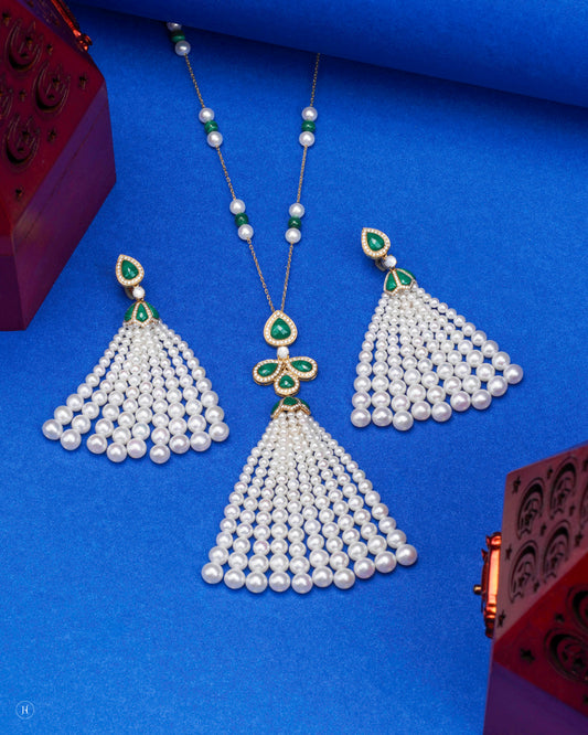 18K Yellow Gold Waterfall Pearl-Malachite Diamond Necklace Set | Freshwater Pearl Jewellery set in Sharjah and Dubai, UAE - J.H Jewellers