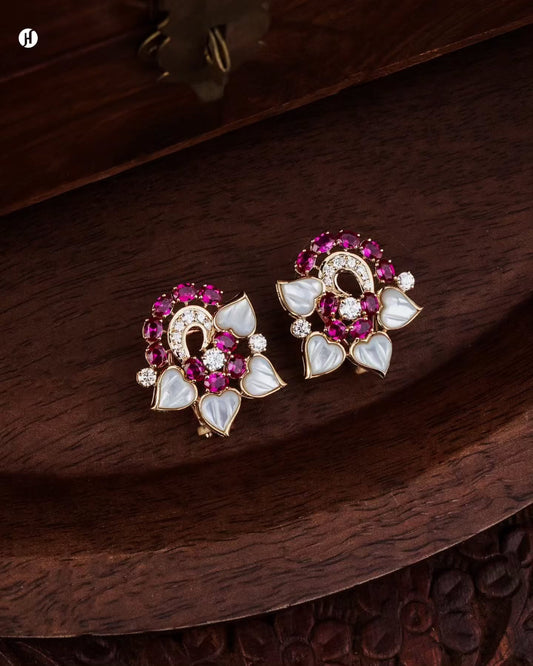 18K yellow gold Italian floral earrings in mother-of-pearl with ruby and moissanite stones