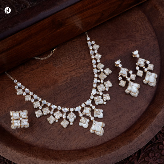 18K rose gold Italian mother-of-pearl and pearl bridal necklace set with matching earrings and ring, loved by Emirati and Khaleeji ladies — JH Jewellers, Dubai, UAE
