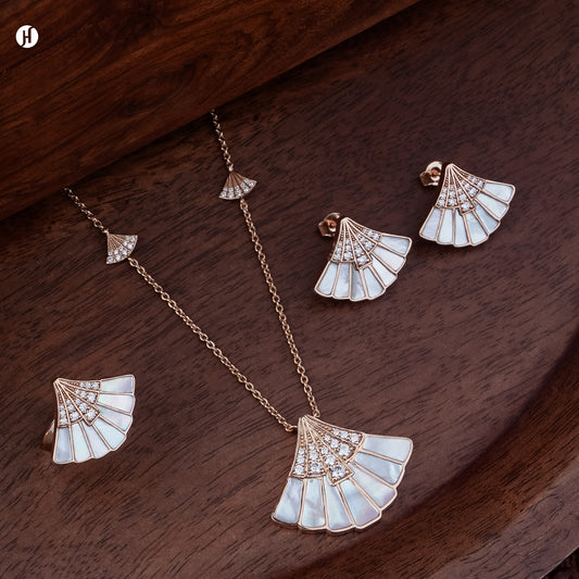 18K rose gold Italian mother-of-pearl fan necklace set with matching earrings and ring, loved by Emirati and Khaleeji ladies — JH Jewellers, Dubai, UAE