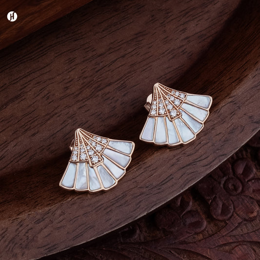 18K rose gold Italian mother-of-pearl fan stud earrings with sparkling white stones, traditional Arabic gold jewellery for Emirati and Khaleeji ladies
