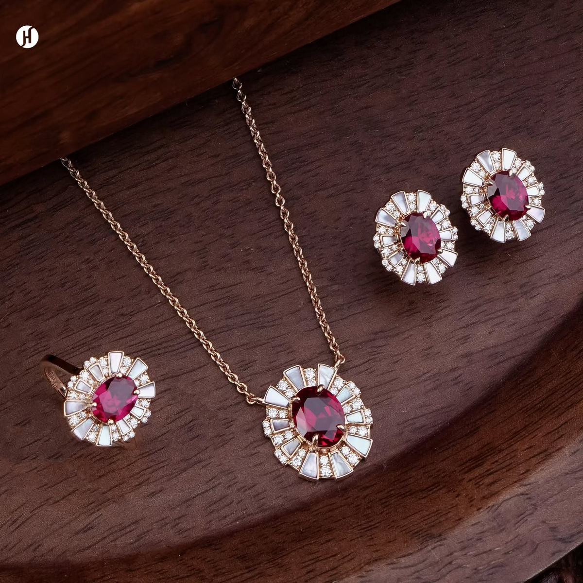 18K rose gold Italian ruby and mother-of-pearl sunburst necklace set with matching earrings and ring, loved by Emirati and Khaleeji ladies — JH Jewellers, Dubai, UAE