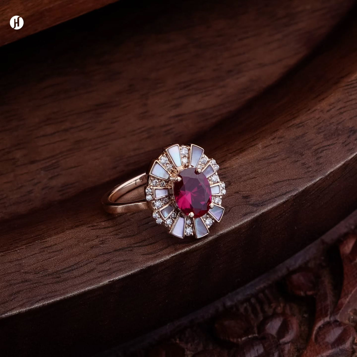 18K rose gold Italian ruby and mother-of-pearl sunburst ring with white stones, traditional Khaleeji gold jewellery for Emirati ladies
