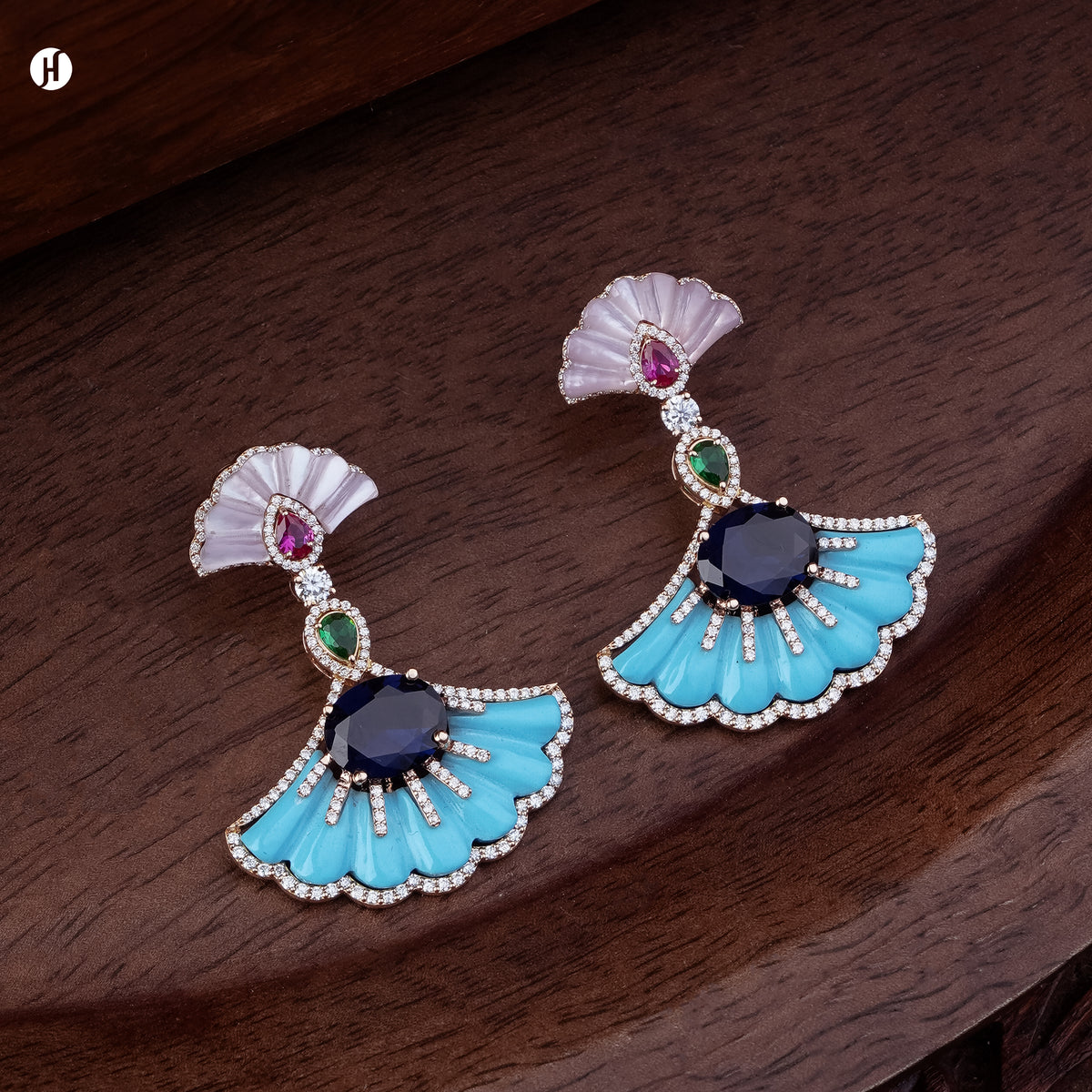 18K rose gold carved turquoise and mother-of-pearl fan drop earrings with blue sapphire, ruby and emerald, traditional Arabic gold jewellery for Emirati and Khaleeji ladies