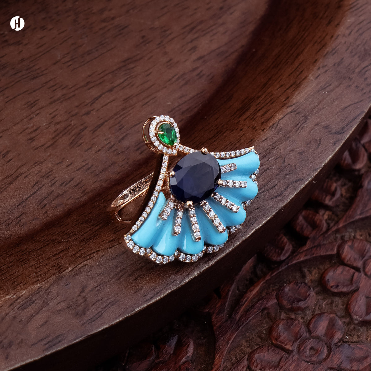 18K rose gold carved turquoise fan ring with blue sapphire and white stones, traditional Khaleeji gold jewellery for Emirati ladies