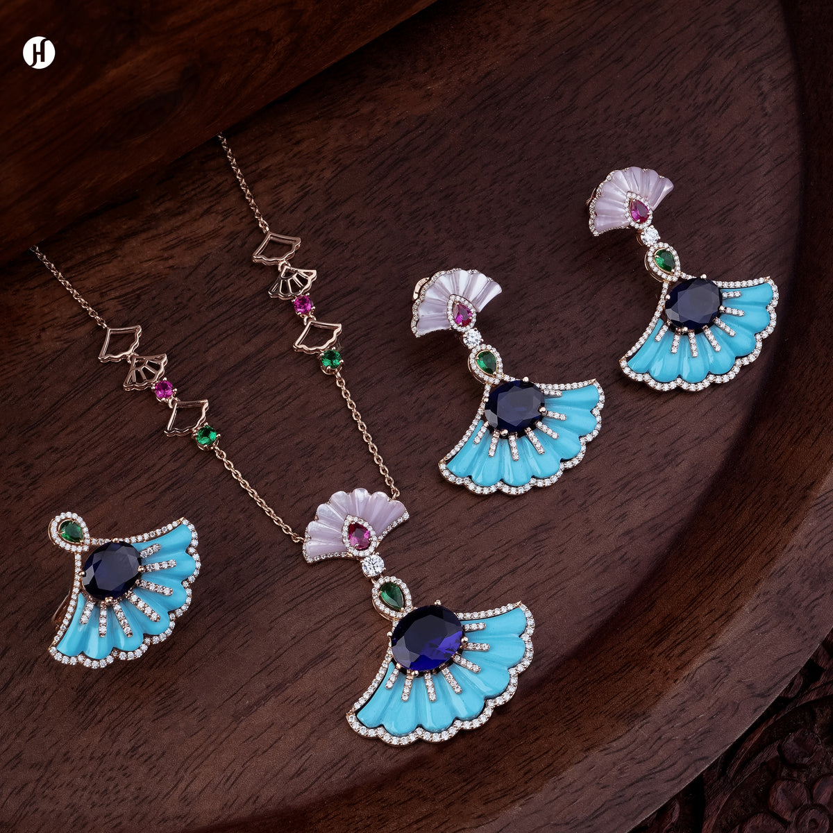 18K rose gold turquoise, sapphire and mother-of-pearl fan necklace set with matching earrings and ring, loved by Emirati and Khaleeji ladies — JH Jewellers, Dubai, UAE